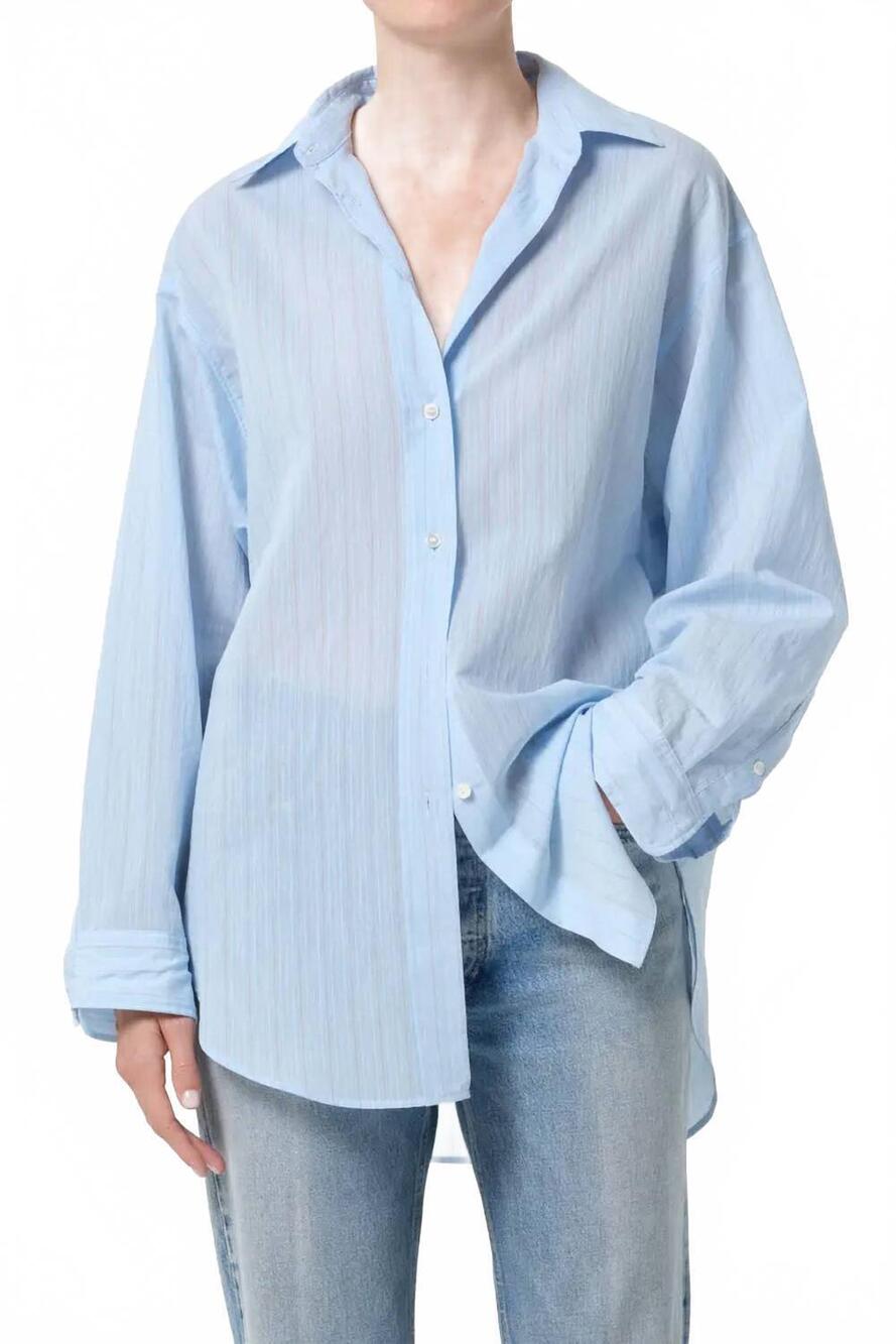 NEW AGOLDE sona pinstripe oversize button-up shirt in fontana stripe powder blue